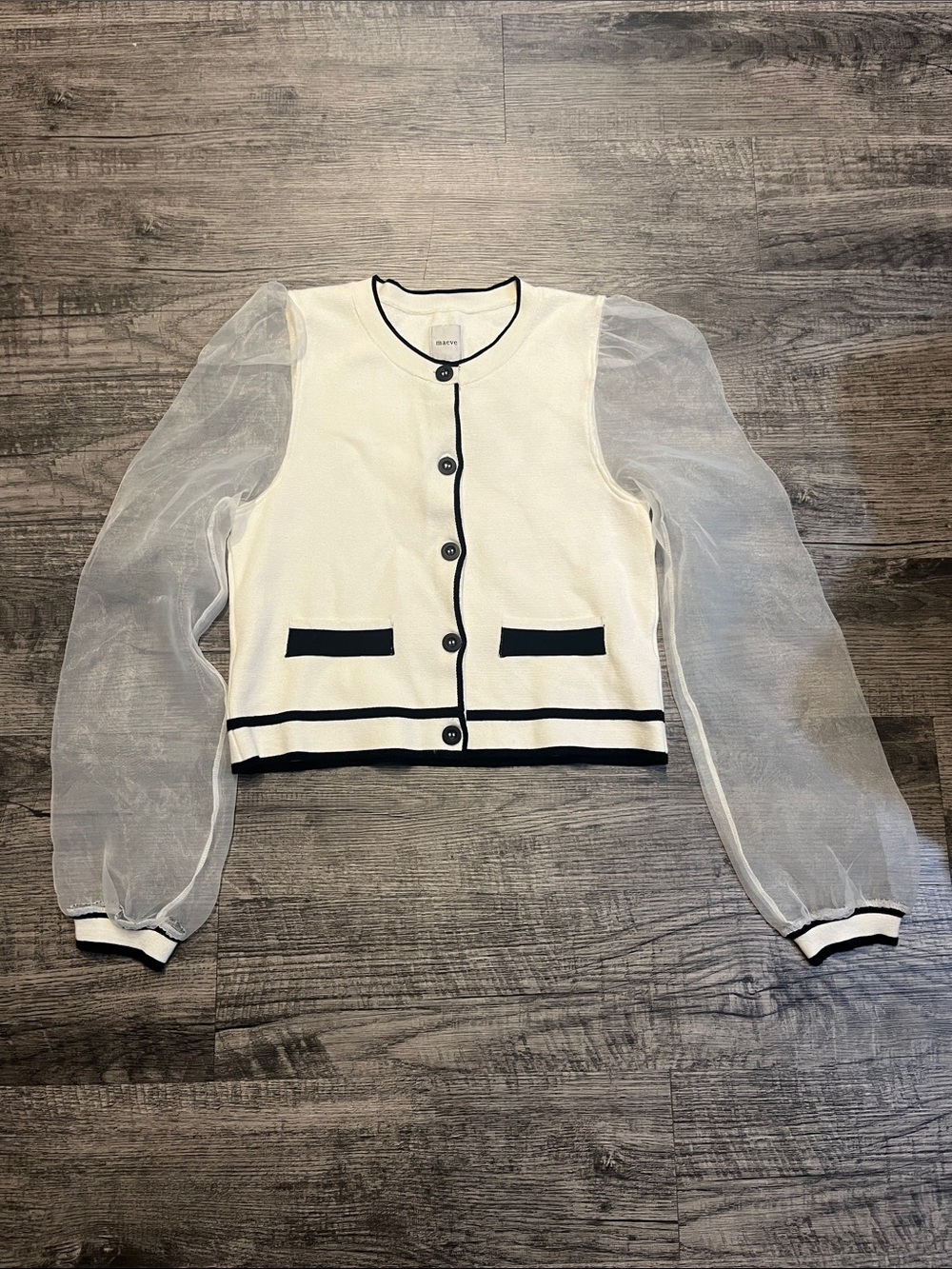 Maeve White Cardigan with Black Trim and Sheer Sleeves